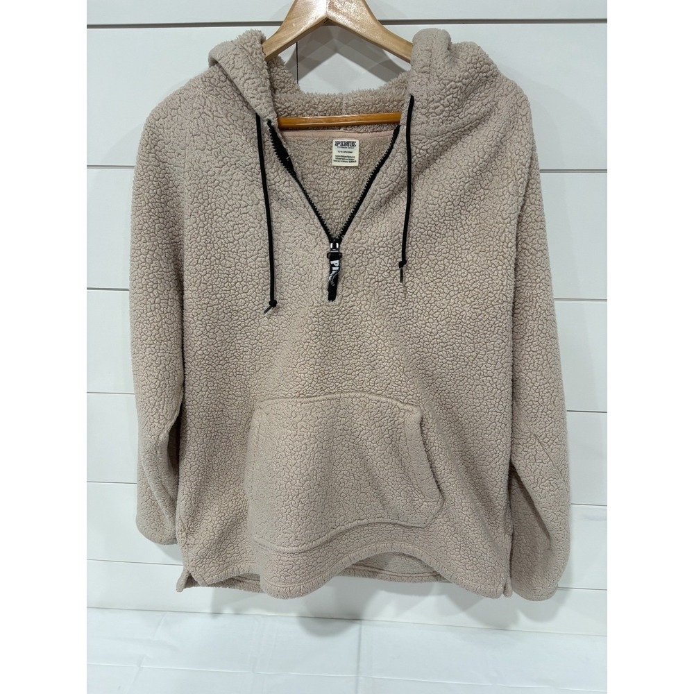 Victorias Secret Pink Beige Fuzzy Sherpa Fleece Hoodie Pullover Sweater Jacket L